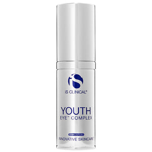 iS Clinical Youth Eye Complex white and silver airless pump bottle with blue branding and text, sleek skincare packaging.
