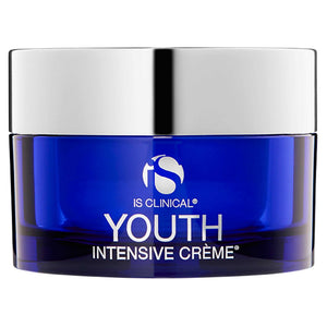 iS Clinical Youth Intensive Cream in a blue glass jar with a shiny silver lid and white printed text on the front