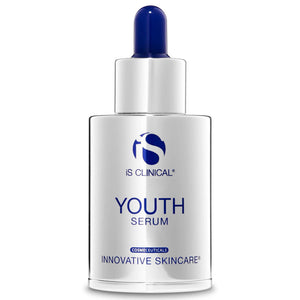 iS Clinical Youth Serum in 30ml white and silver bottle with blue dropper cap and blue branding text