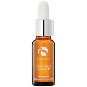 Amber glass dropper bottle with silver cap containing iS Clinical C Eye Serum featuring white logo and text on the front label